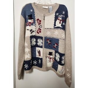 Croft & Barrow Holiday Patchwork‎ Winter Full Zip Cardigan Sweater Snowman Lrg